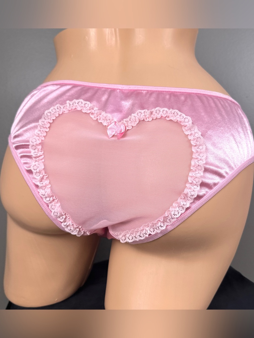 Escante Satin Bikini Panties Plus Size 2X Pink Heart Mesh Back Second Skin Satin